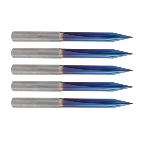 CNC-Fräser-Bit-Set 5-teiliges V-förmiges Gravur-Bit mit Nano-Blau-Beschichtung 2-schneidiges Wolframstahl-Schriftzug-Schnitzwerkzeug 4 mm Schaft – Ideale Präzision für gerade Einsätze und 30° Gravuren
