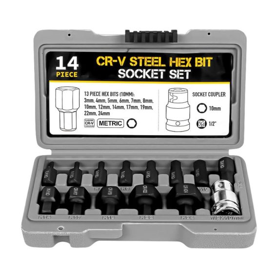 14-teiliges 1/2 Zoll Steckschlüssel-Set mit Ratschenschlüssel Sechskant-Bits und Zubehör für die Auto-Reparatur – Hochwertiges Stecknuss-Kit