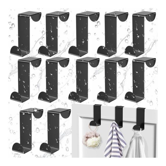 Edelstahl Türhaken 12-Stück Set - Schwarz Multifunktional Reversible Türgarderobe Haken für Küche Wohnzimmer und Badezimmer