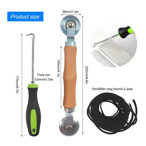 Fliegengitter Zubehör-Set Doppelrad Dichtungseinroller mit Holzgriff 15m x 5mm Gummi Kederband für Insektenschutz - Fenster Sieb Roller Werkzeug Kit