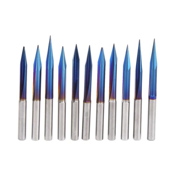 11-teiliges CNC-Fräser-Bit-Set 4mm/02 Zoll 2-schneidig V-Gravur mit Nano-Blau-Beschichtung Wolframstahl Hochglanz-Finish - Ideal für präzise Fräsarbeiten und vielseitige Anwendungen