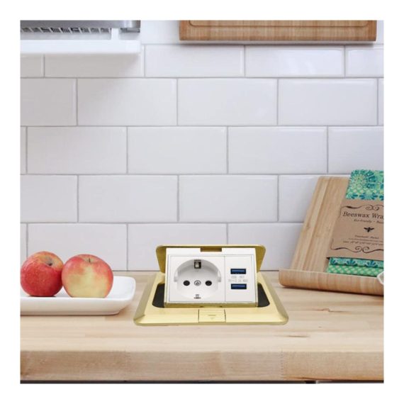 2-Fach Versenkbare Steckdose mit USB Hafen Gold - Ideal für Boden Tisch und Arbeitsplatten in Restaurantküchen