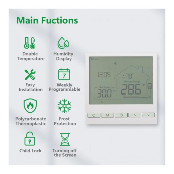 Programmierbarer Wengart Thermostat WG905 – Präzise Temperaturregelung und Luftfeuchtigkeitsanzeige für Heizsysteme (Weiß