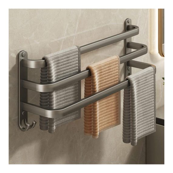 3-stöckiger Aluminium Handtuchhalter ohne Bohren - Wasserdichtes Badetuchregal mit Haken für Badezimmer & Küche - Platzsparendes Handtuchhalter-Schuhregal (Grau 60cm