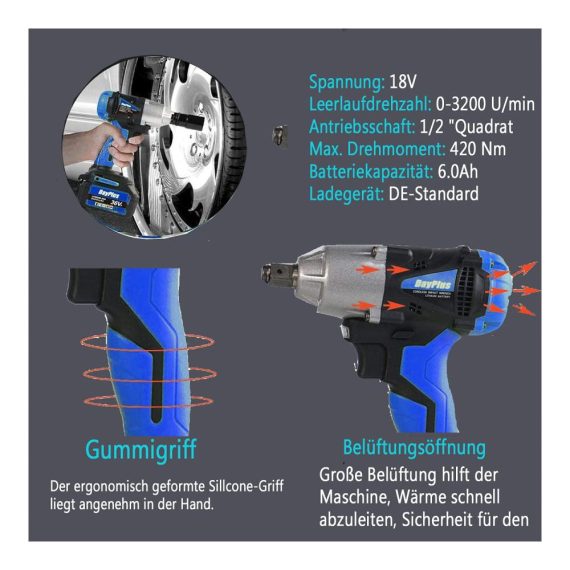Akku Schlagschrauber 1/2 Zoll - 18V 6.0Ah Akku 420 Nm Drehmoment 2-Gang Vorwärts & Rückwärts LED - Reifenwechsel leicht gemacht