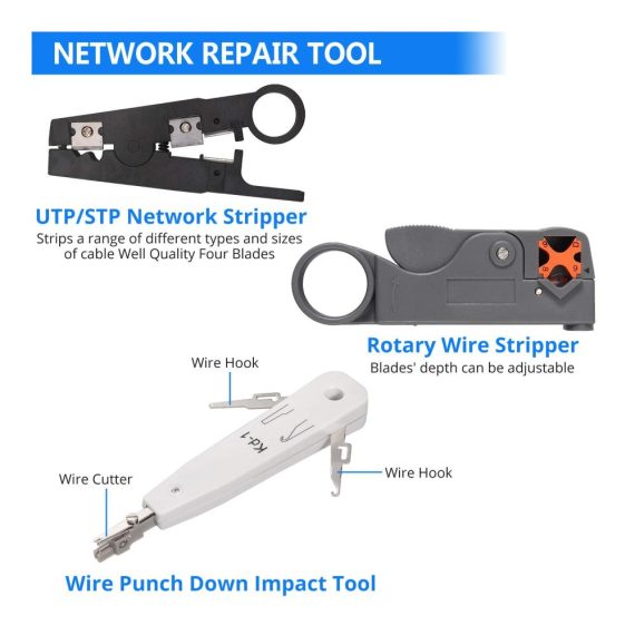128-tlg Crimpzangen Netzwerk Werkzeug Set - Professionelles Auflegewerkzeug und Reparaturkit für RJ11 RJ12 RJ45 CAT5e CAT6 - Inklusive Kabeltester Patchkabel Tester und Computer Wartungstools
