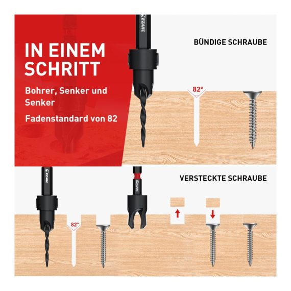 10-tlg. Holzsenker & Senkbohrer Set mit 1/4 Hex Schaft - Effiziente Holzbohrer und Kegelsenker mit Holzstopfen Schneider für präzise Holzverarbeitung