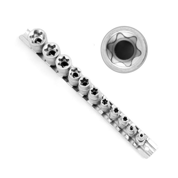 11-tlg. Torx Steckschlüsselsatz E4 - E20 mit Drehmoment-Stecknüssen inklusive Schiene | 1/4 und 3/8 Zoll Torx Schlüssel Nuss Satz