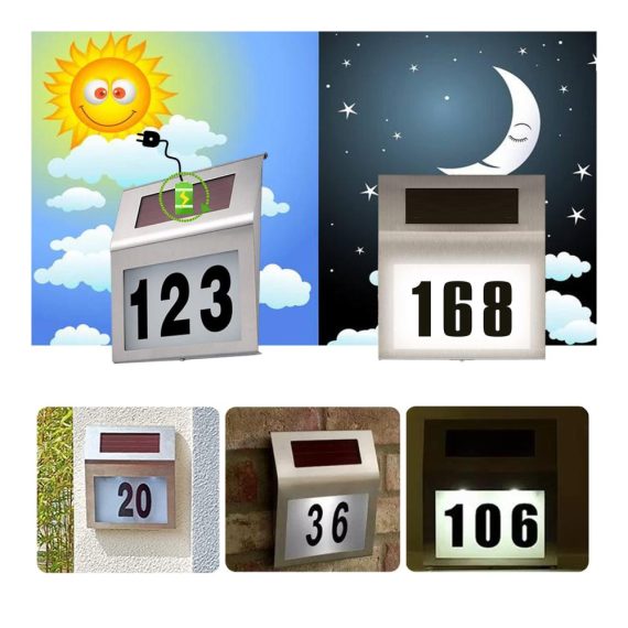 Solar Edelstahl Hausnummer mit LEDs Dämmerungsschalter IP65 Wasserdicht - Hausnummernbeleuchtung für Außen inklusive Zahlen 0-9 und Buchstaben a-h
