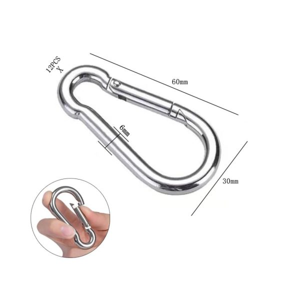 Edelstahl Karabinerhaken 12 Stück - M6 Schnappverschluss Carabiner 6 x 60 mm - Silber Karabiner mit Federhaken für Haken Ketten Seile Rigging