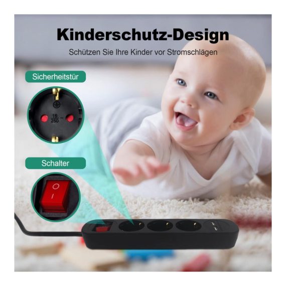 3-fach Steckdosenleiste USB 3680W 2 USB-Anschlüsse 5V/2.4A Schalter Kindersicherung 3m Kabel - RealMade Schwarz Steckerleiste für Smartphones