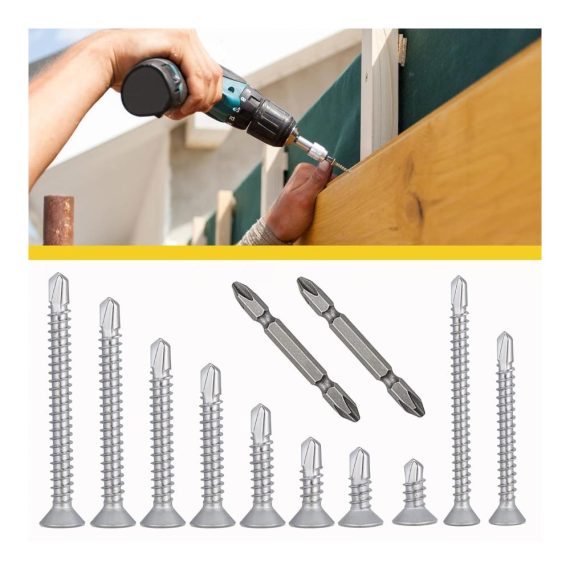 Blechschrauben HSEMALL 300PCS M4.2 M4.8 Edelstahl Selbstschneidende Schrauben mit Phillips Senkkopf und Selbstbohrfunktion – Set inklusive zwei Cross Bits