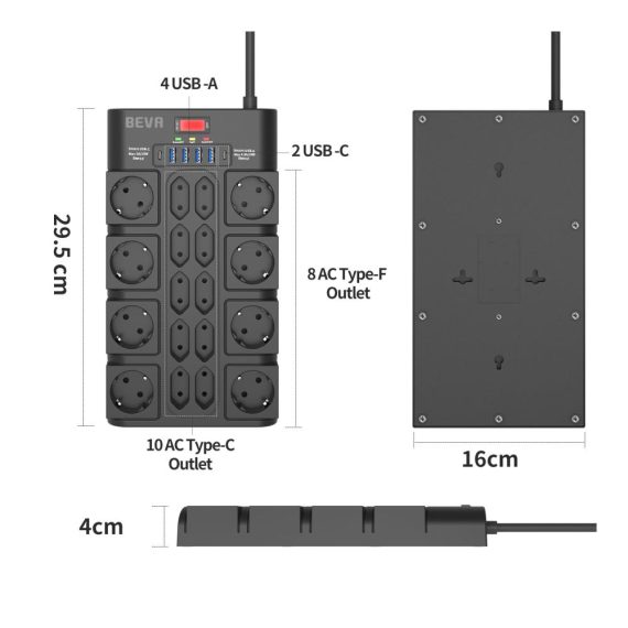 18-fach Mehrfachsteckdosenleiste mit USB-A und USB-C Überspannungsschutz Wandmontage 2m Kabel – ideal für Büro und Zuhause