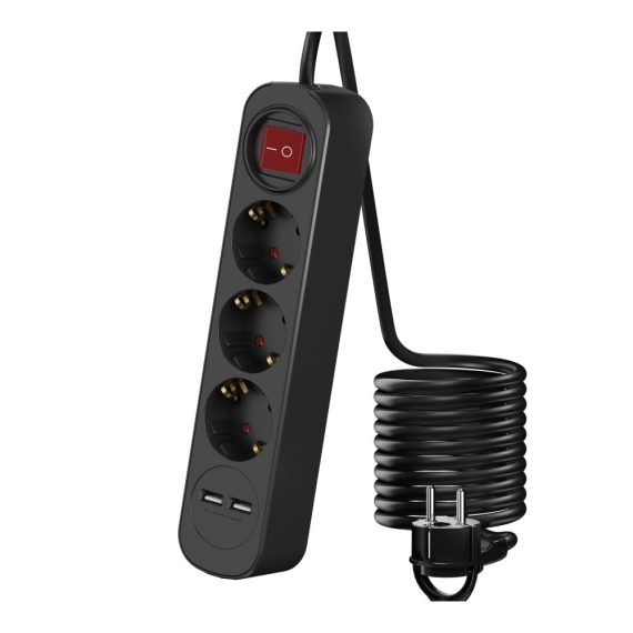 3-fach Steckdosenleiste USB 3680W 2 USB-Anschlüsse 5V/2.4A Schalter Kindersicherung 3m Kabel - RealMade Schwarz Steckerleiste für Smartphones