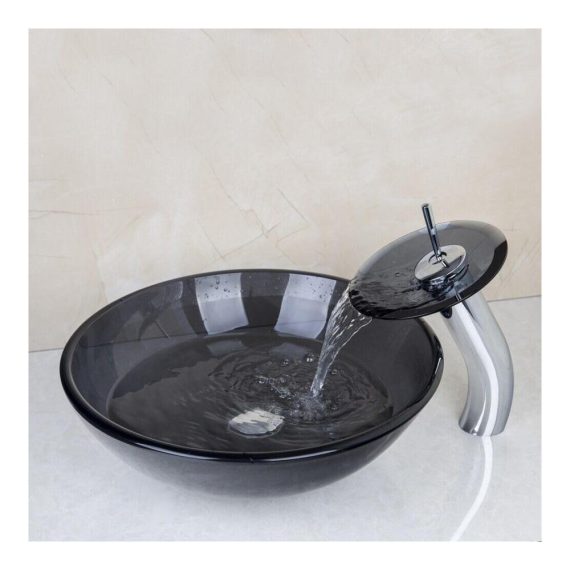 Design-Waschtisch-Set Rundes 415 cm Glasbecken in Grau mit Siphon Abflussrohren und Wasserhahn – Hochwertiger Ausgussbecken-Brand für stilvolle Badezimmer