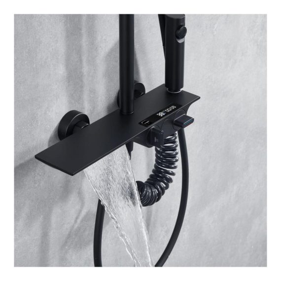 4-Funktionen Duschsystem mit LED-Temperaturanzeige - Regenduschkopf Handbrause Wasserfallarmatur Bidet-Sprüher - Schwarz