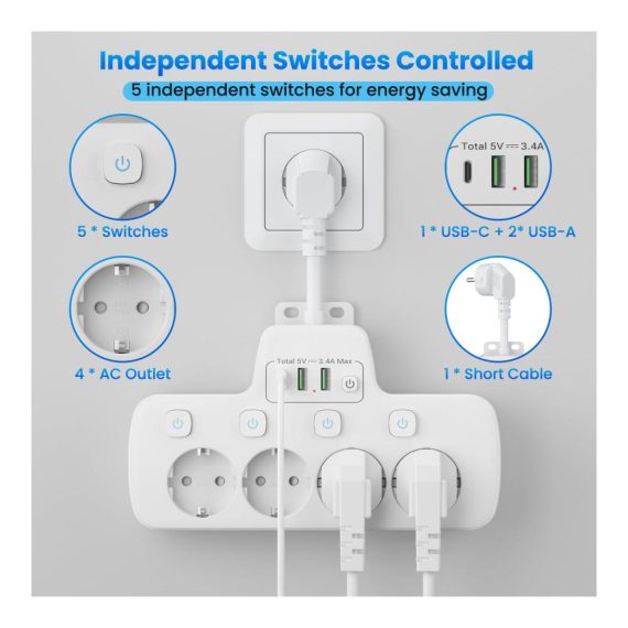 4-fach Steckdosenleiste mit USB C einzeln schaltbar wandmontiert - Weiß