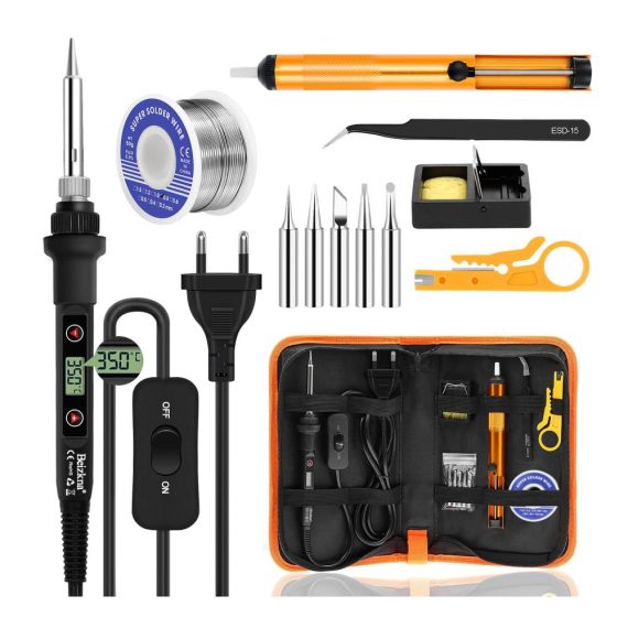 80W LCD Lötkolben Set | Einstellbare Temperatur 180-520°C | Ein/Aus Schalter | 50g Lötdraht | 5 Lötspitzen | Entlötpumpe | Lötkolbenständer | Pinzette | Lötset für Elektrik