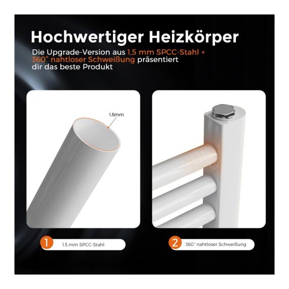 Elektrischer Badheizkörper 1200x500mm - Thermostat Timer LCD-Display 500W Seitenanschluss Weiß