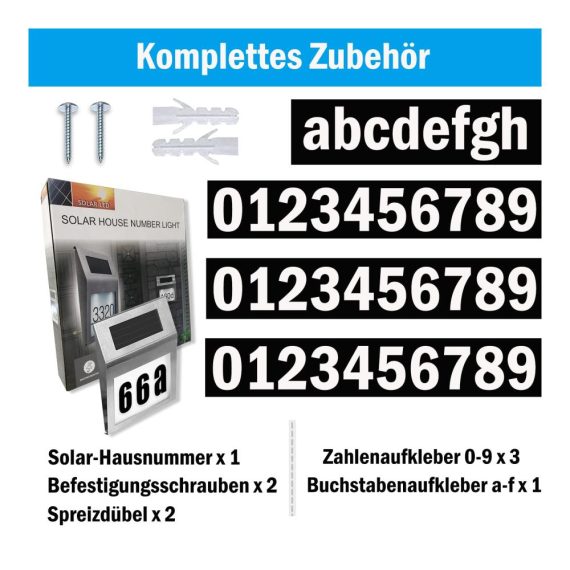 Solar Edelstahl Hausnummer mit LEDs Dämmerungsschalter IP65 Wasserdicht - Hausnummernbeleuchtung für Außen inklusive Zahlen 0-9 und Buchstaben a-h