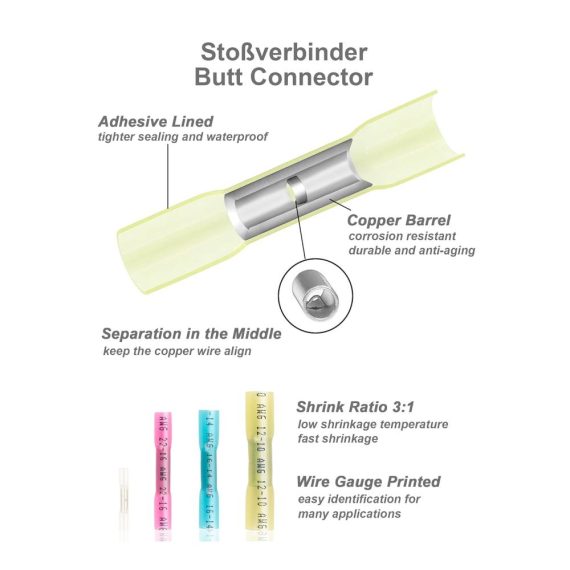 260stk Wasserdichte Stoßverbinder Set Anschlussklemmen & Kits für Kabel (10-26AWG) - Ideal für Mähroboterdraht Kfz Motorboote Motorräder & Anhänger
