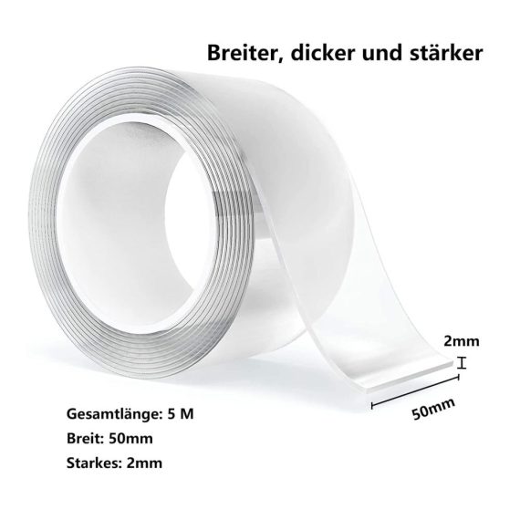Doppelseitige Klebebänder Nano Transparent 5m - Extra Starkes Doppelklebeband 5cm x 0.2cm für Foto Wand Küche Zuhause Auto - Indoor und Outdoor Klebeband