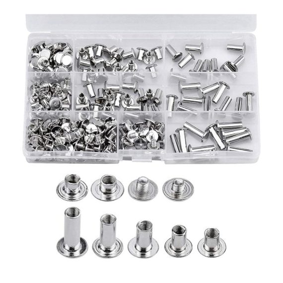 220 Stück Rändelschrauben & Chicago-Bindungssätze - Metall-Rundkopf Buchschrauben für Buchbinderei Lederdekoration & Gürtel - 7 Größen in Silber - Schraubnieten in praktischer Plastikbox