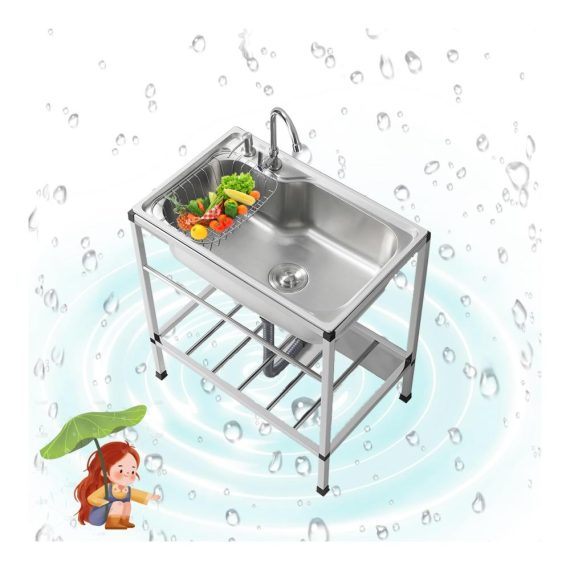 Edelstahl Ausgussbecken für Küche und Werkstatt - Freistehender Spültisch mit Wasserhahn und Schläuchen - Ideal für Gewerbe Bauernhäuser und Verpflegung