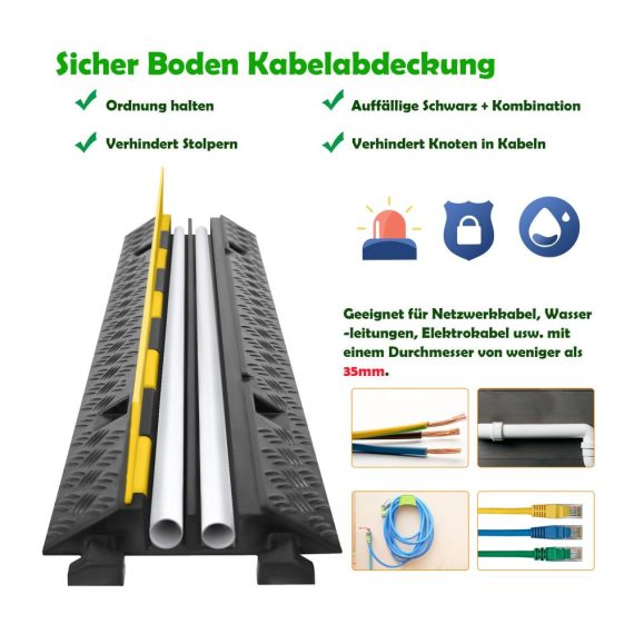 Modulare Gummi Kabelbrücke - 2er Set 100x24x5cm Bodenabdeckungen für Kabelschutz Innen & Draußen - Überfahrschutz und Kabelkanal in Einem