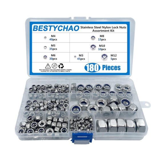 Selbstsichernde Edelstahl-Gegenmuttern Set 180 Stück 7 Größen (M3 M4 M5 M6 M8 M10 M12) – Hochwertiges Nylon-Stopmuttern Sortiment Kit für zuverlässige Sicherung und Kontermuttern Anwendungen