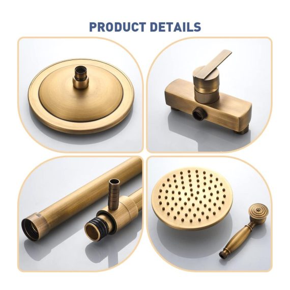 Antike Messing Duscharmatur Set Solepearl Duschsystem in Gold mit Regendusche Retro Duschset Höhenverstellbar 70~120cm inklusive 8 Handbrause Köpfen