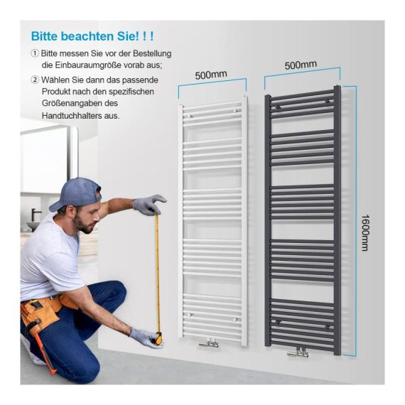 Badheizkörper 160x50 cm Weiß - Energiesparender Handtuchtrockner für Ihr Bad mit 654 Watt Leistung Mittelanschluss und Untenanschluss - Moderner Handtuchwärmer für optimale Heizungseffizienz
