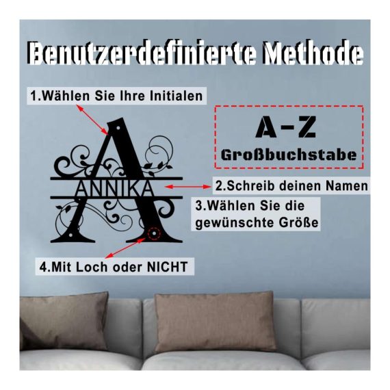 Personalisiertes Metall-Türschild mit Familiennamen Monogramm & Alphabet-Deko