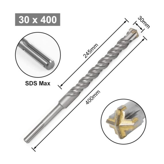 30x400mm SDS-Max Bohrkronen-Set für Beton & Ziegel - Hartmetall-Kreuzbohrer für Elektro-Hämmer Schlagbohrer & mehr