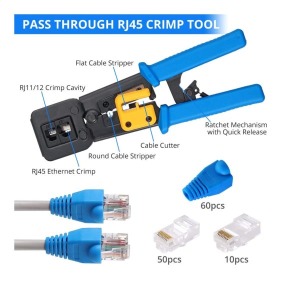 128-tlg Crimpzangen Netzwerk Werkzeug Set - Professionelles Auflegewerkzeug und Reparaturkit für RJ11 RJ12 RJ45 CAT5e CAT6 - Inklusive Kabeltester Patchkabel Tester und Computer Wartungstools