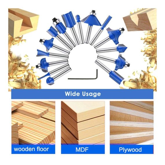 15-teiliges Fräser-Set 635mm (1/4 Zoll) Schaft für Holzbearbeitung - Hochwertige Wolfram Hartmetall Eckenkanten-Werkzeuge inkl. Straight Bit Cove Bit Fasenbohrer - Ideal für Kantenbearbeitung & Aushöhlung in Spanplatten perfekte DIY Tools