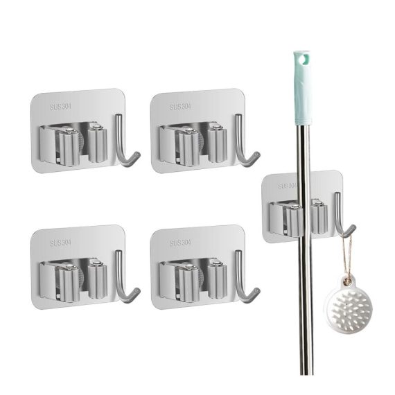 Mop und Besenhalter Set aus Edelstahl - Wandhalterung Organizer für Küche Garage und Garten - Selbstklebend und Bohrfrei - 4 Stück mit Haken