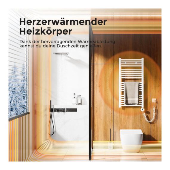 Elektrischer Badheizkörper 1200x500mm - Thermostat Timer LCD-Display 500W Seitenanschluss Weiß