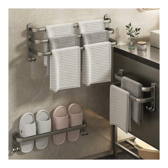 3-stöckiger Aluminium Handtuchhalter ohne Bohren - Wasserdichtes Badetuchregal mit Haken für Badezimmer & Küche - Platzsparendes Handtuchhalter-Schuhregal (Grau 60cm
