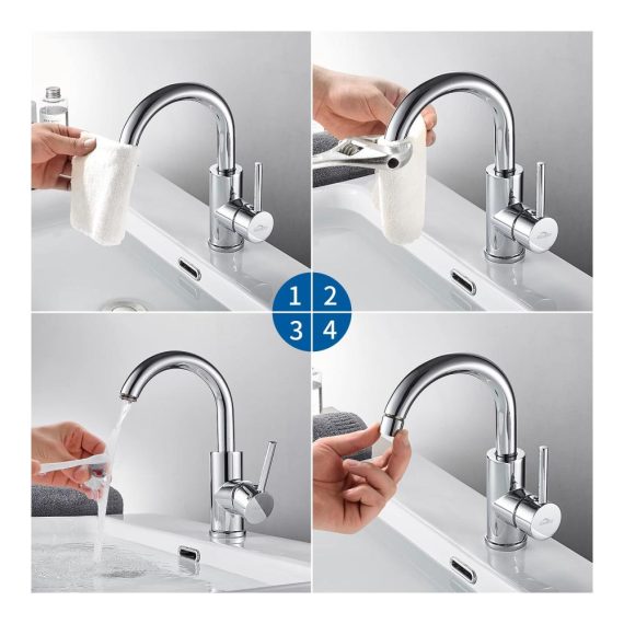 360 Grad drehbarer Touch-On-Wasserhahn aus hochwertigem Chrom-Messing für Bad und Küche - Einhebelmischer Waschtischarmatur mit 60CM Schlauch für Badezimmer/Küche