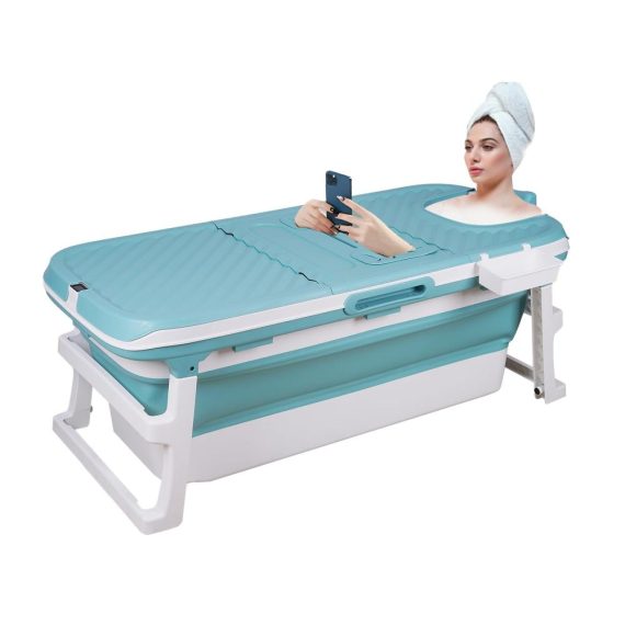 Klappbare Badewanne für Erwachsene - Platzsparende freistehende Wanne mit Seifenkorb abnehmbarer Abdeckung und Mobilität für kleine Badezimmer (130LAN