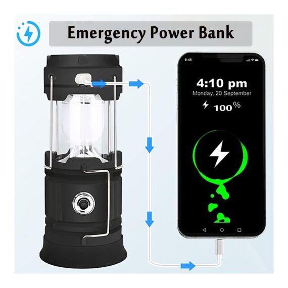 LED Campinglampe Solar | Wiederaufladbare USB Taschenlampe | Wasserdicht & Notfallleuchte für Outdoor-Aktivitäten | Zeltleuchte für Wandern Angeln & Ausfälle (schwarz