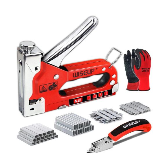 4-in-1 Holztacker Set WISEUP Handtacker mit Klammern TÜV-Zertifizierung verchromtes Stahlmaterial einstellbare Schusskraft Stoßdämpfung - Möbeltacker für vielseitige Anwendungen
