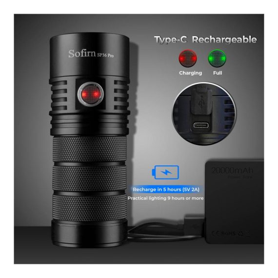 8000 Lumen Sofirn SP36 Pro LED Taschenlampe | Wiederaufladbar | SST40 LEDs | Leistungsstarker Griff | Anduril UI | USB-Kabel | Ideal zum Suchen Beleuchten & Wandern