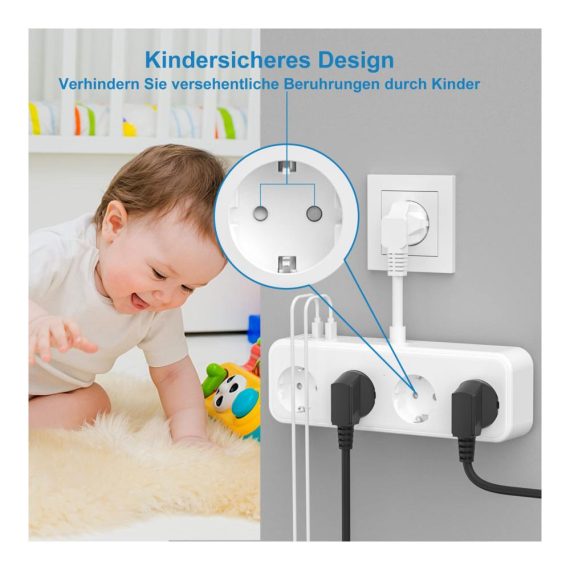 4-Fach Steckdosenleiste mit USB-Anschlüssen (5V/3.1A) - Weiß Mehrfachsteckdose für Schlafzimmer Reise und Büro Verlängerungskabel Steckdosenadapter 7 in 1