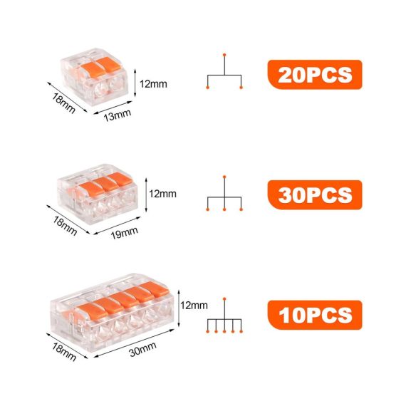 Premium Elektro Anschlussklemmen 60er Set Kabelverbinder & Kits - Neue Lüsterklemmen mit Betätigungshebel für 4mm² Leiter - Vielseitige Verbindungsklemmen für Feste Kabel (2-5 Leiter) - Optimale Kombinationsmöglichkeiten