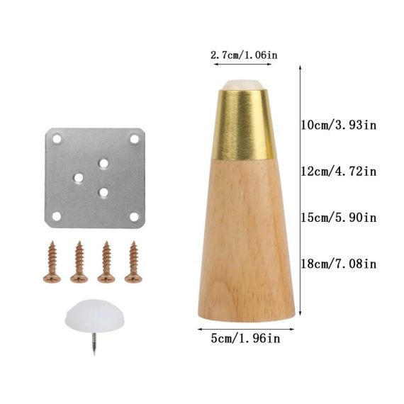 Massivholz Möbelfüße 4er Set - Schräg Konisch Holz Tischbeine für Sofa Bett Schrank - Inklusive Gold Messing Abdeckung Montageplatten & Schrauben - Natürliche Farbe 18cm / 7.08in