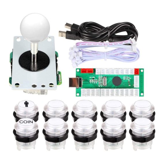 1-Spieler USB Arcade Controller Kit mit LED-Tasten für Mame Raspberry Pi PC-Spiele - Druckschalter 8-Wege-Stick DIY Joystick Teile (Weiß