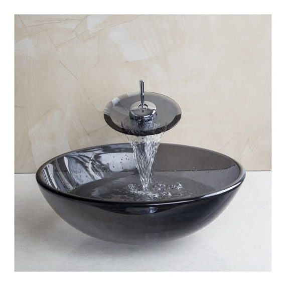 Design-Waschtisch-Set Rundes 415 cm Glasbecken in Grau mit Siphon Abflussrohren und Wasserhahn – Hochwertiger Ausgussbecken-Brand für stilvolle Badezimmer
