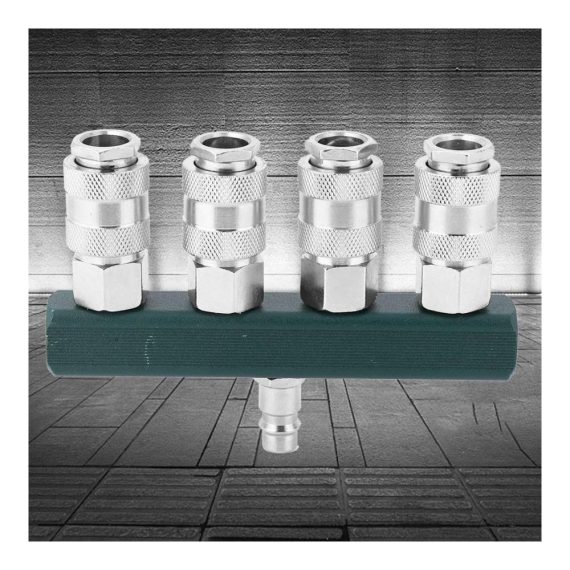 Druckluftverteiler 1/4 Zoll 4fach mit Wandanschluss und Schnellkupplungen - Hochwertiges Messing Anschluss- & Verbindungsstücke Set für effiziente Druckluftverteilung